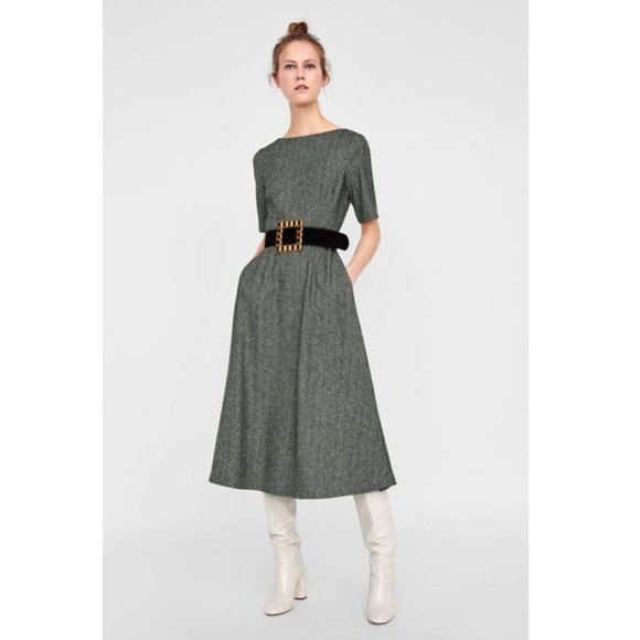 Zara Dresses & Skirts - Zara Herriegbone midi dress with boat neck and pockets XXL